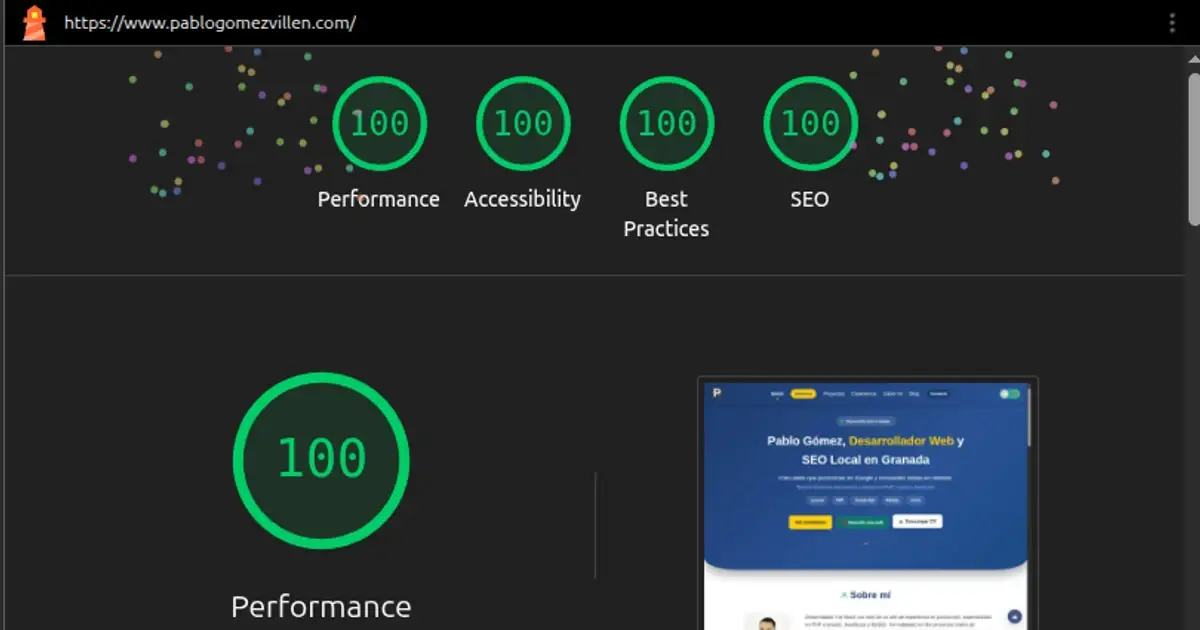 Lighthouse result showing 100/100 in Performance, Accessibility, Best Practices and SEO