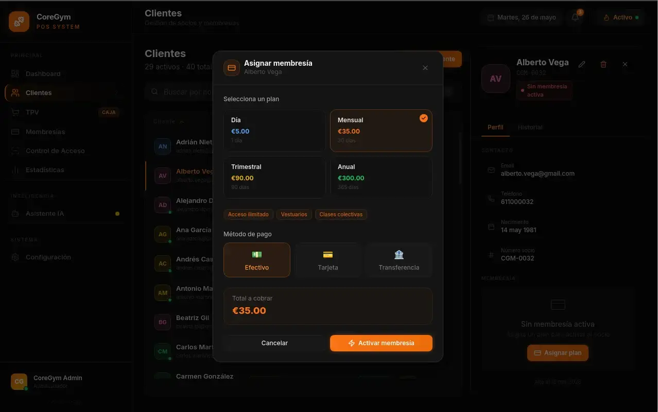 Clients panel with modal for assigning membership — plan selection, payment method and activation