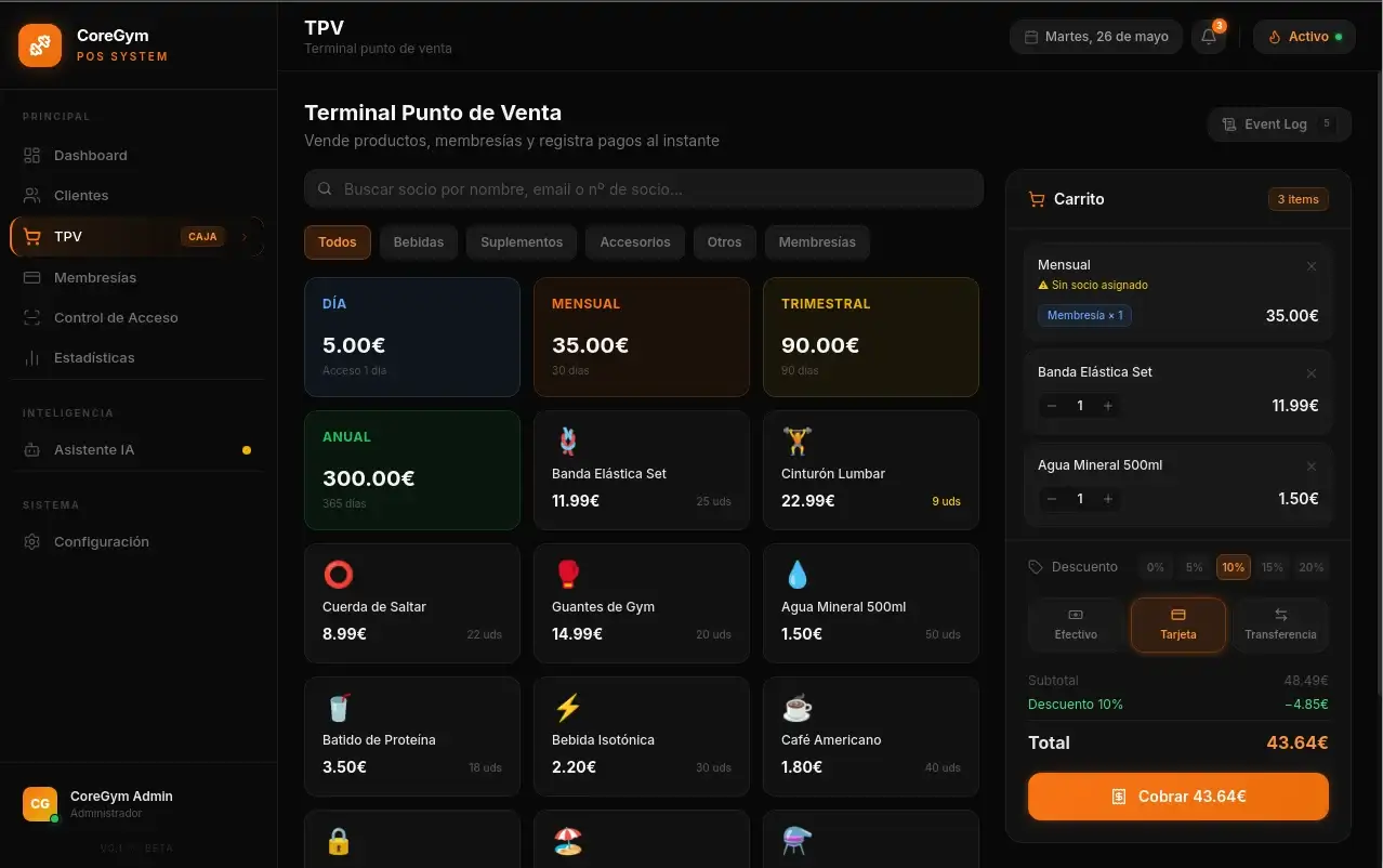 POS with product catalogue by category, cart and payment summary with discounts