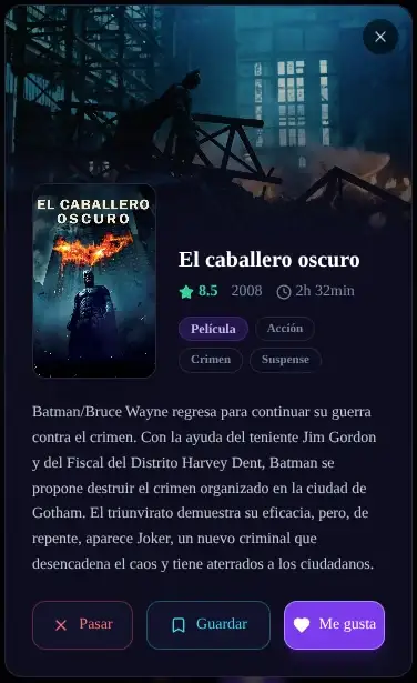 Movie detail view with rating, duration and description