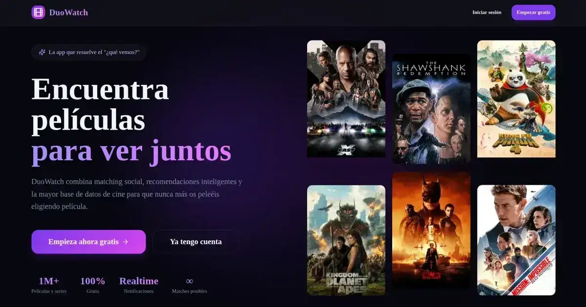 DuoWatch — pantalla de inicio con catálogo de películas