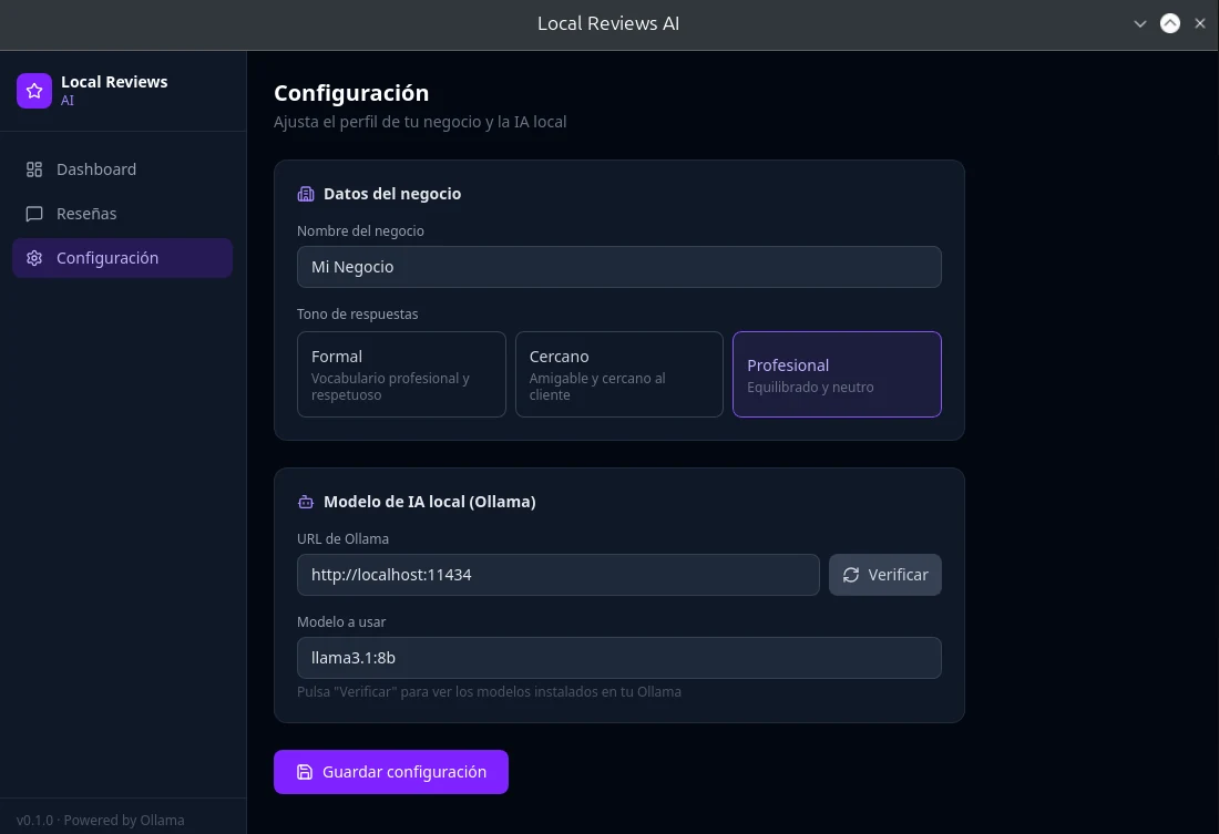 Settings screen with business name, response tone and Ollama model configuration