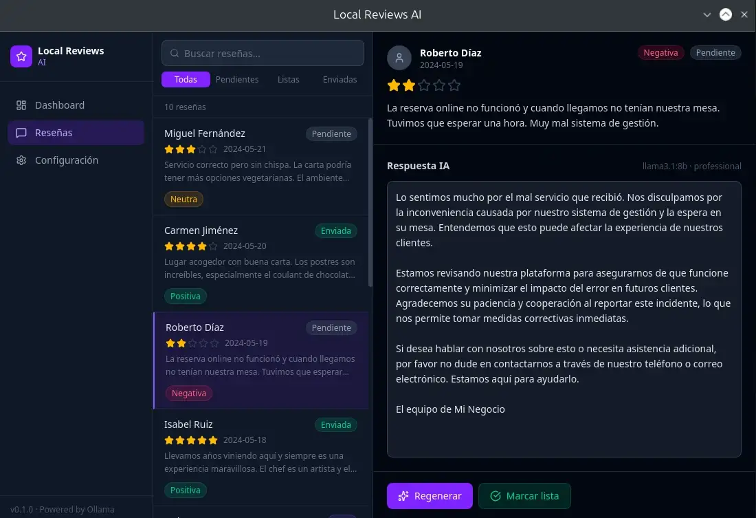 Reviews panel with filterable list and AI-generated response in the sidebar