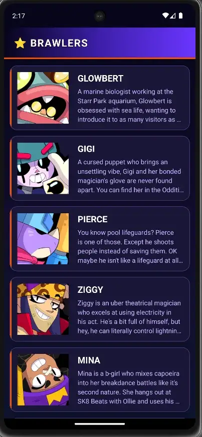 Brawler roster with avatar, name and description