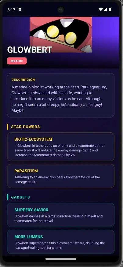 Glowbert brawler detail view with rarity, description, Star Powers and gadgets